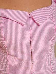 COSMINA Striped Puff Sleeve Button Front Blouse