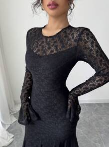 Modelyn French Retro Lace Patchwork Flare Sleeve Design Bodycon Fishtail Dress - Black - View 4