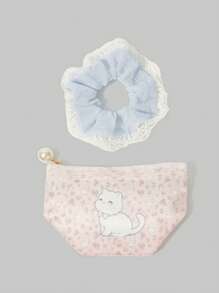 ROMWE Kawaii 2pcs/Set Cute Lace Edge Cat & Bow Pattern Mini Coin Purse Makeup Bag With Hair Tie - Multicolor - View 3