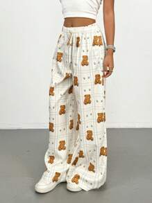 SHEIN PETITE Pantaloni a vita alta a zampa larga con cravatta in vita e motivo a quadri con orsetti cartooneschi per donne