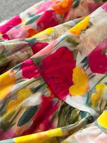 SHEIN VCAY Women's Oil Painting Floral Garden Print Elegant A-Line Skirt