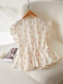 CosyJoli Blusa rosa con cuello bordado, manga corta y volantes, de uso versátil y casual, talla grande para mujer - Rosa - Ver 2