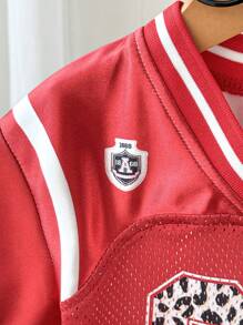 SHEIN Playful Pals 女婴婴儿豹纹数字图案黑色休闲运动街头时尚平纹 T 恤