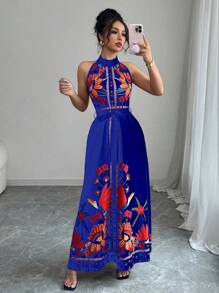 Elenzga 女士花卉印花腰部系带优雅挂脖度假连衣裙 - 藍色 - 查看 3