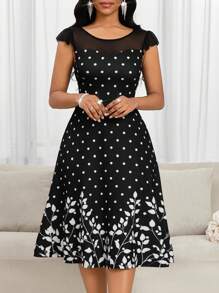 SHEIN Lady Vestido de fiesta con estampado de lunares y flores, de manga corta y con inserciones de rejilla, ideal para primavera y verano - Negro - Ver 4
