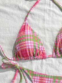 Swim Mod 2pcs/Set Women's Random Plaid Print Spaghetti Strap Sexy Bikini Set, Summer - Multicolor - View 1