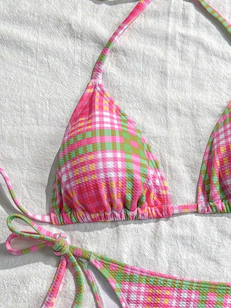 Swim Mod 2pcs/Set Women's Random Plaid Print Spaghetti Strap Sexy Bikini Set, Summer - Multicolor - View 1
