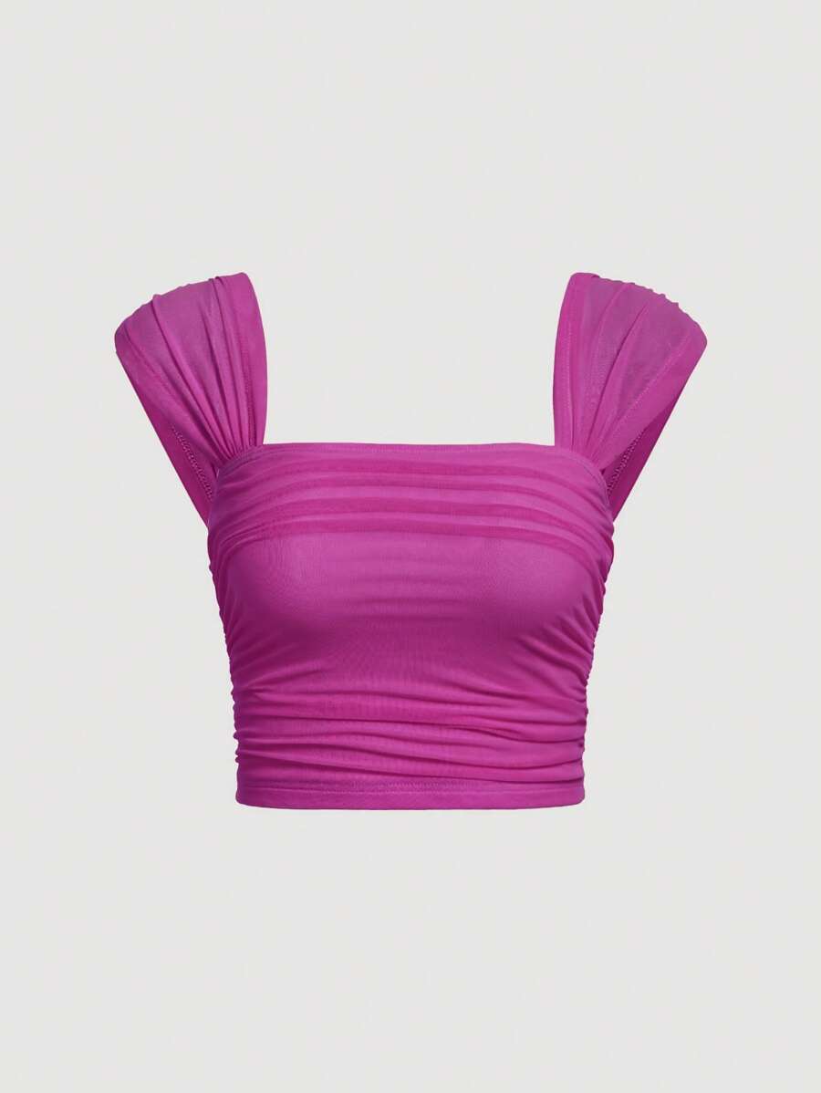 SHEIN MOD Áo ba lỗ xếp ly màu trơn ôm vừa vặn cho nữ mùa hè - Màu Hồng Tươi - Xem 1