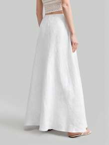 Ontre 女式 100% 亚麻宽下摆裙，白色，都市休闲风格，磨边亚麻裤，女式裙子 - 白色 - 查看 4