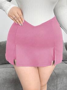 Flirla Plus Size Women V-Neck Waist Front Slit Mini Skirt Shorts - Pink - View 3