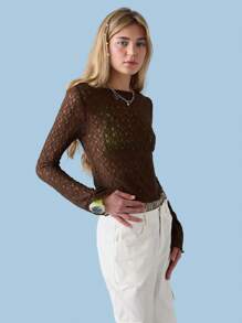 COUREZ Long Sleeve Slash Neck Going Out Lace Top Y2K Vintage - Brown - View 2