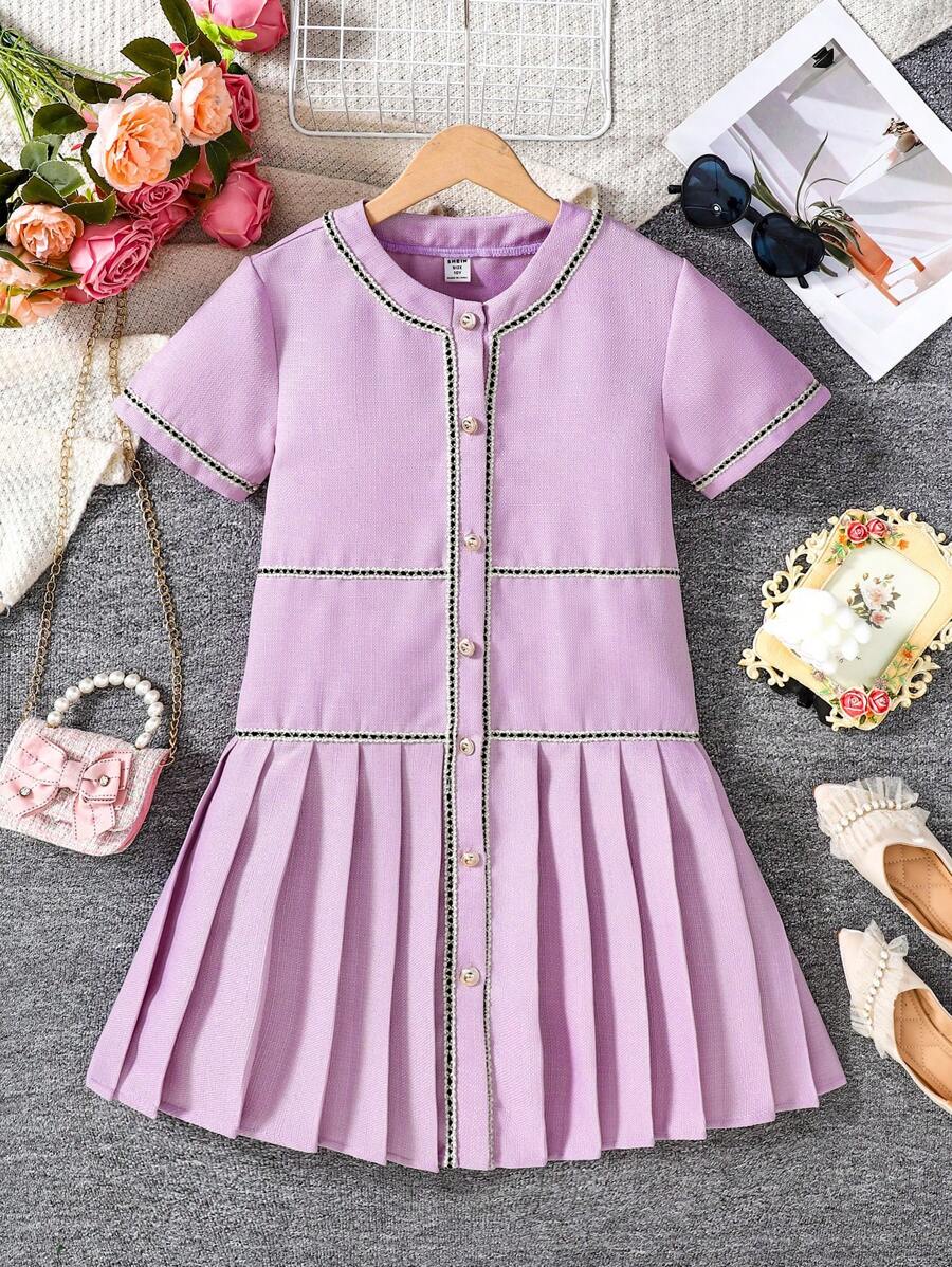 SHEIN 女童羊毛 A 字褶皱优雅韩版连衣裙 - 淡紫色 - 查看 1