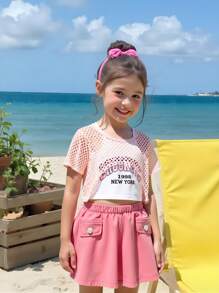SHEIN 3pcs Girls Casual Fashion School Style Set: Fuchsia Mesh Round Neck Short Sleeve Top, White Camisole, And Fuchsia Pleated Shorts - Pink - View 1