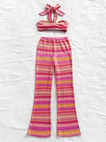 Soleia 2件套女士波浪条纹露脐吊带背心，适合海滩度假、春夏穿着，适合西部音乐节、波西米亚风假日等场合。 - 彩色 - 查看 2