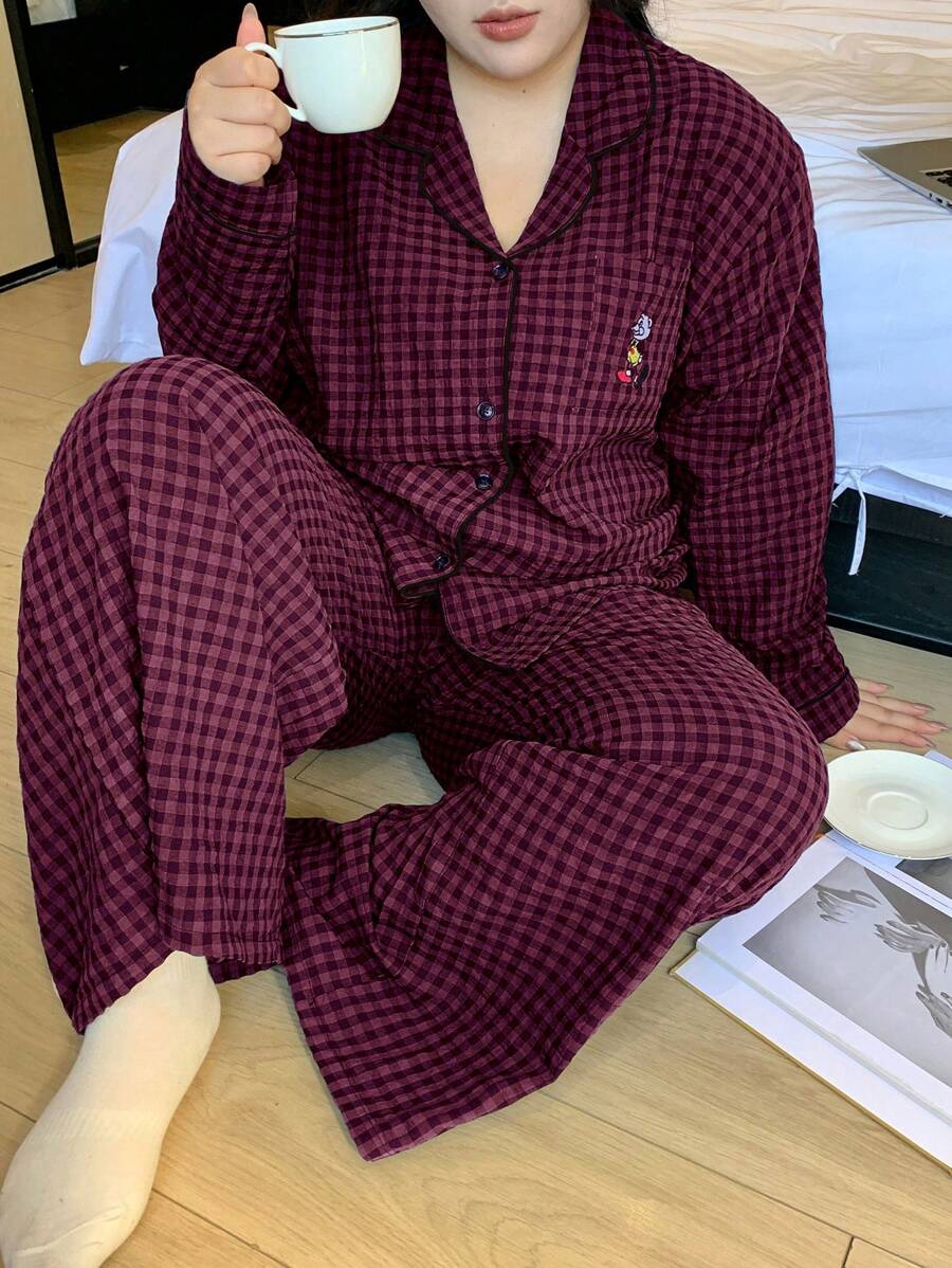 Dazy Plus Plus Size Plaid Loose Pajamas Set, Shirt & Pants, All Season Home Wear, Cozy Outfits, Fall Winter Clothes - Coral Pink - View 1