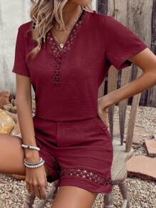 SHEIN LUNE Set de 2 piezas de mujer, top de manga corta y pantalones cortos de unicolor, informal de verano - Burdeos - Ver 4