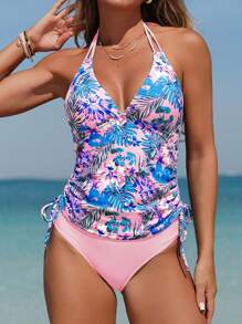 Swim Lushoire 2 pezzi/set Tankini da donna, scollo a V con bretelle regolabili, vita con coulisse, morbido e casual, comodo set da spiaggia e nuoto