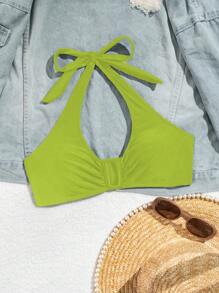 Swim Basics Spring Break Women's Halter Neck Ruched U-Neck Minimalist Stylish Versatile Swimwear Top For Summer Beach Vacation - Green - View 4