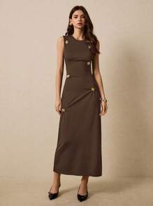 Poéselle Women Sleeveless Solid Color Dress, Fashionable Suitable For Summer,Summer Dresses For Women - Coffee - View 4