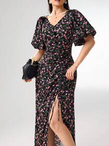 Modelyn Vestido de verano de mujer con cuello en V, manga abullonada y estampado floral elegante - Multicolor - Ver 6