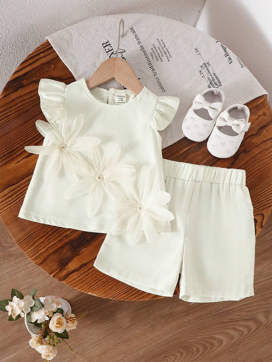 2pcs/Set Baby Girls 2023 Summer New Sweet Style Sun Flower Decor Sleeveless Top + Solid Color Shorts Set - White - View 1