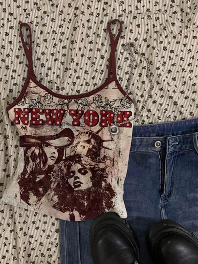 Attitoon Music Festival Western Cowgir Sexy Punk Portrait Pattern Boho Casual Tight Camisole Top For Women, Retro Boho Chic Hippie Style Suitable For Going Out