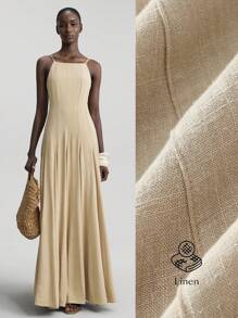 Ontre 2025 新款开叉设计女式卡其色细肩带条纹 A 字形连衣裙，休闲假日风格春夏 - 卡其色 - 查看 2