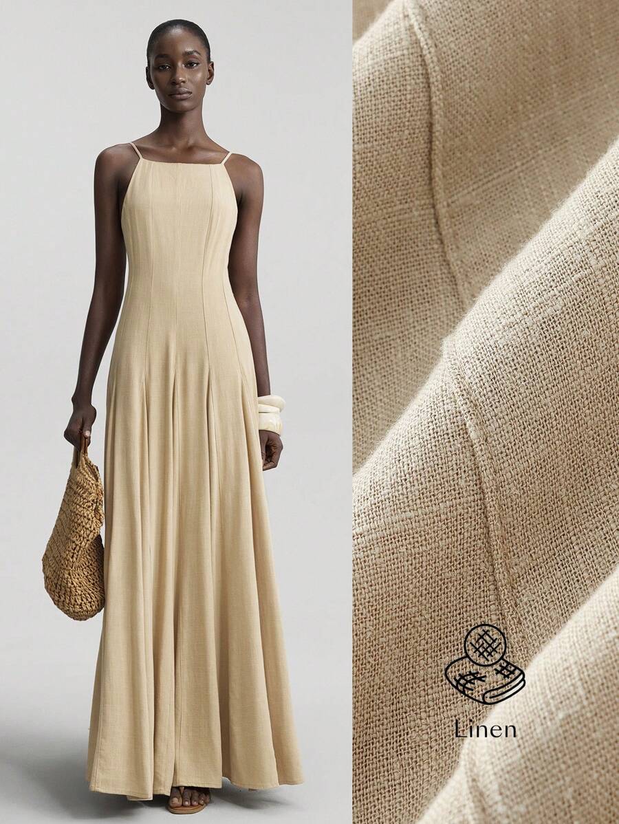 Ontre 2025 新款开叉设计女式卡其色细肩带条纹 A 字形连衣裙，休闲假日风格春夏