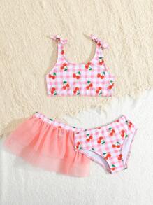 Conjunto de traje de baño de 3 piezas con falda minifalda, estampado a cuadros y cereza para niña joven de vacaciones
