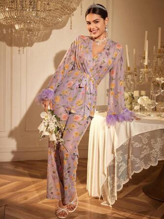 婚礼季羽毛装饰花卉印花网眼开衫长袖和裤子睡衣套装