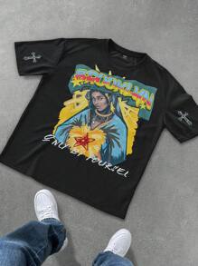 Manfinity Streetrush Men's Mary Sue Wearing Headscarf Female Portrait, Cross Print Pattern Short-Sleeved T-Shirt, Young Street Wear, Boyfriend Gift, Man Gift, Suitable For Friends Christian Clothes