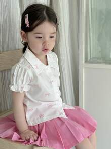 SHEIN 2 件装女婴可爱甜美校园风格蝴蝶结衬衫和百褶裙套装，春夏，0-3 岁 - 粉色 - 查看 5