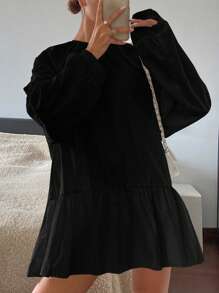 DAZY Women's Simple Casual Lantern Sleeve Ruffle Hem Blouse Long Sleeve Top - Black - View 2