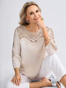 Miaspire Custom Floral Collar Insert Women's Casual Vacation Shirt, Spring/Summer Mothers Day Outfit Gift For Mom,Summer Outfits - Khaki - View 1