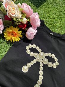 SHEIN 2 件套休闲青少年女孩宽松蝴蝶印花圆领 T 恤和荷叶边下摆裙子 - 黑色 - 查看 4