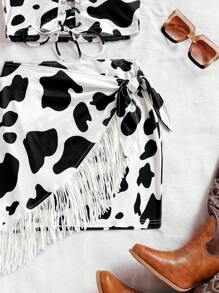 Soleia Fringe Tie-Up Mini Skirt With Cow Print, For Beach & Music Festival