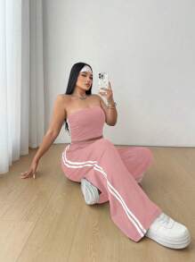 POPSWAY 2pcs/Set Plus Size Women Contrast Color Splicing Sleeveless Crop Top And Elastic Waist Loose Fit Sports Pants - Pink - View 6