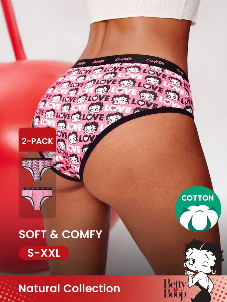 BETTY BOOP X LUVLETTE 2-Pack Cotton Mid-Waist Cheeky Women Underwear Panties Set