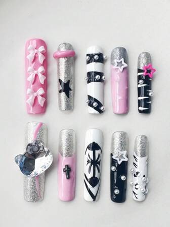 Grunge Punk Kawaii Y2K Pink 3D Bow, Punk Rivets, Stripe, Metal Cross, French Romantic Heart, Playful Multi-Color Star, Long Square Nail Tips, Handmade False Nails, Suitable For Music Festivals/Parties