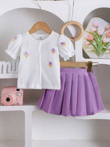 SHEIN Baby Girl Summer New Cute Grape Puff Sleeve Top + Solid Color JK Pleated Skirt Set - White - View 7