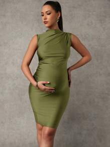 MaterniChic Vestido de maternidade sem mangas com zíper frontal de cor sólida, moderno para o verão - Verde de Exercício - Ver 3