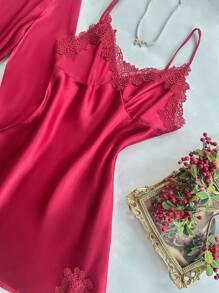 SilkySpell 5件套刺绣滚边V领吊带背心上衣、短裤、长裤、睡裙、系带睡袍丝滑女士睡衣套装，秋冬服装 - 酒紅色 - 查看 3