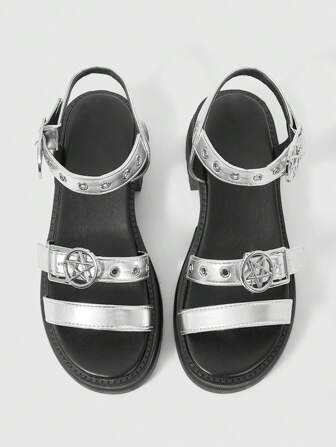Goth Damen Sommer offene Zehe Dark Punk Rock Goth römische Strandsandalen, Stern Riemen Plateau Keilabsatz