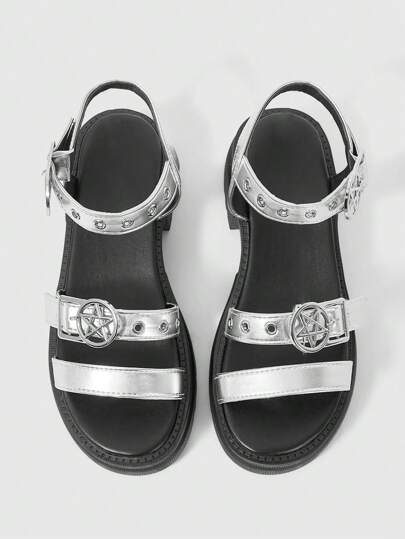 Women's Summer Open Toe Dark Punk Rock Goth Roman Beach Sandals, Star Strap Platform Wedge Heels