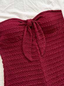 Soleia 女士春夏度假酒红色纹理针织前系带抹胸连体裤，性感浪漫派对约会之夜情人节假期海滩巡游下午茶 - 酒紅色 - 查看 5