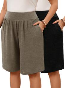 EMERY ROSE 2pcs/Set Plus Size Women's Solid Pocketed Casual Knee Length Shorts - Khaki - View 1