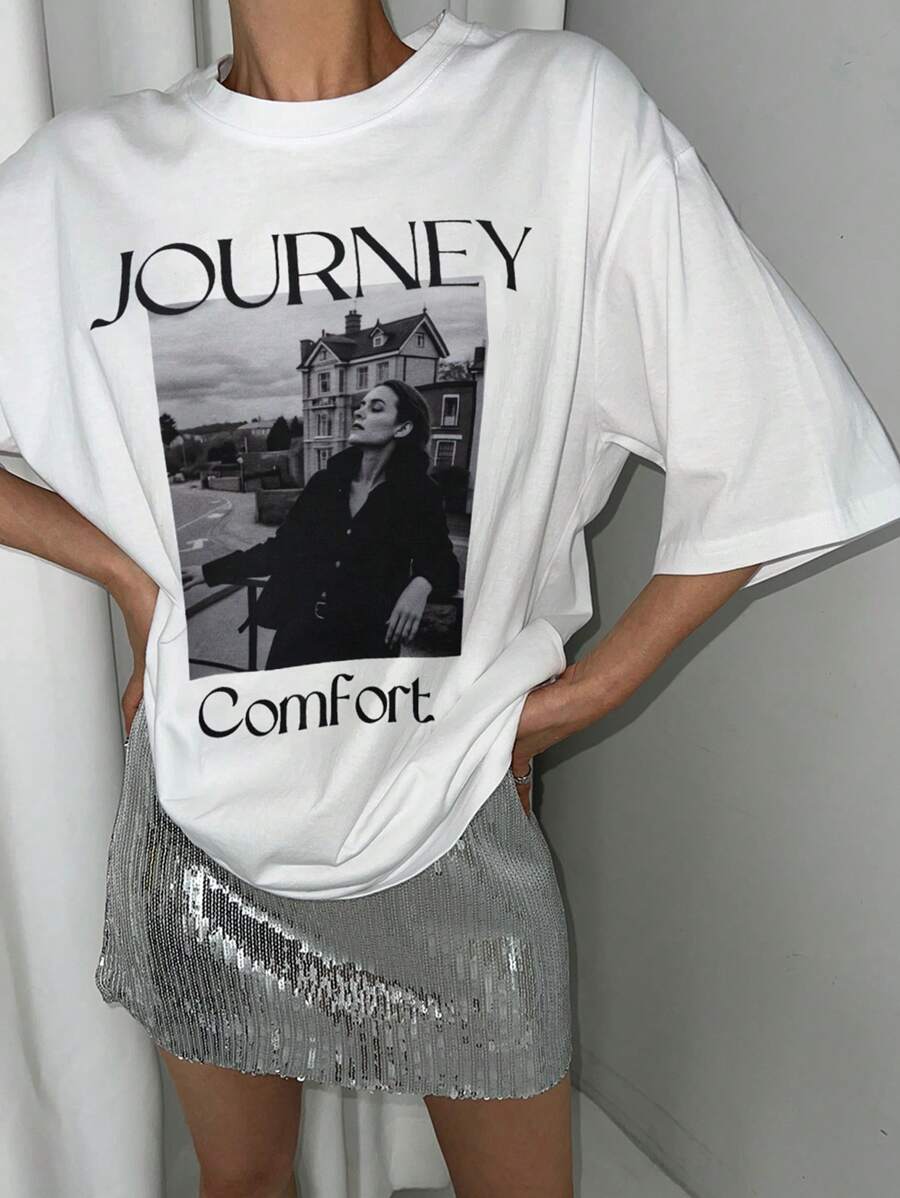 DAZY Women's Oversized Round Neck Letter & Figure Print Dropped Shoulder T-Shirt Graphic Tee Streetwear - White - View 1