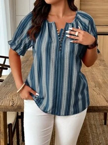EMERY ROSE Plus Size Casual Striped Print Short Sleeve Shirt - Teal Blue - View 4