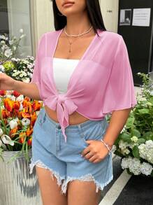 SHEIN EZwear Plus Size Women's Solid Color Cropped Short Sleeve Knotted Lightweight Jacket, Sheer - Pink - View 3