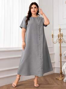 Al Najma Plus Size Women Casual Solid Color Arabic Style Dress - Grey - View 1